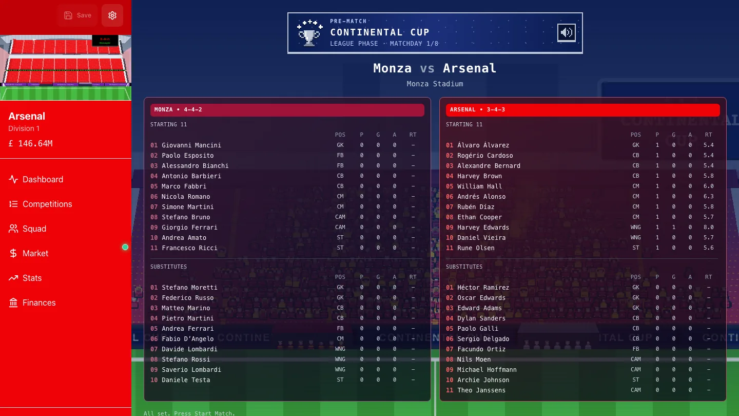 Continental Cup pre-match screen with both line-ups