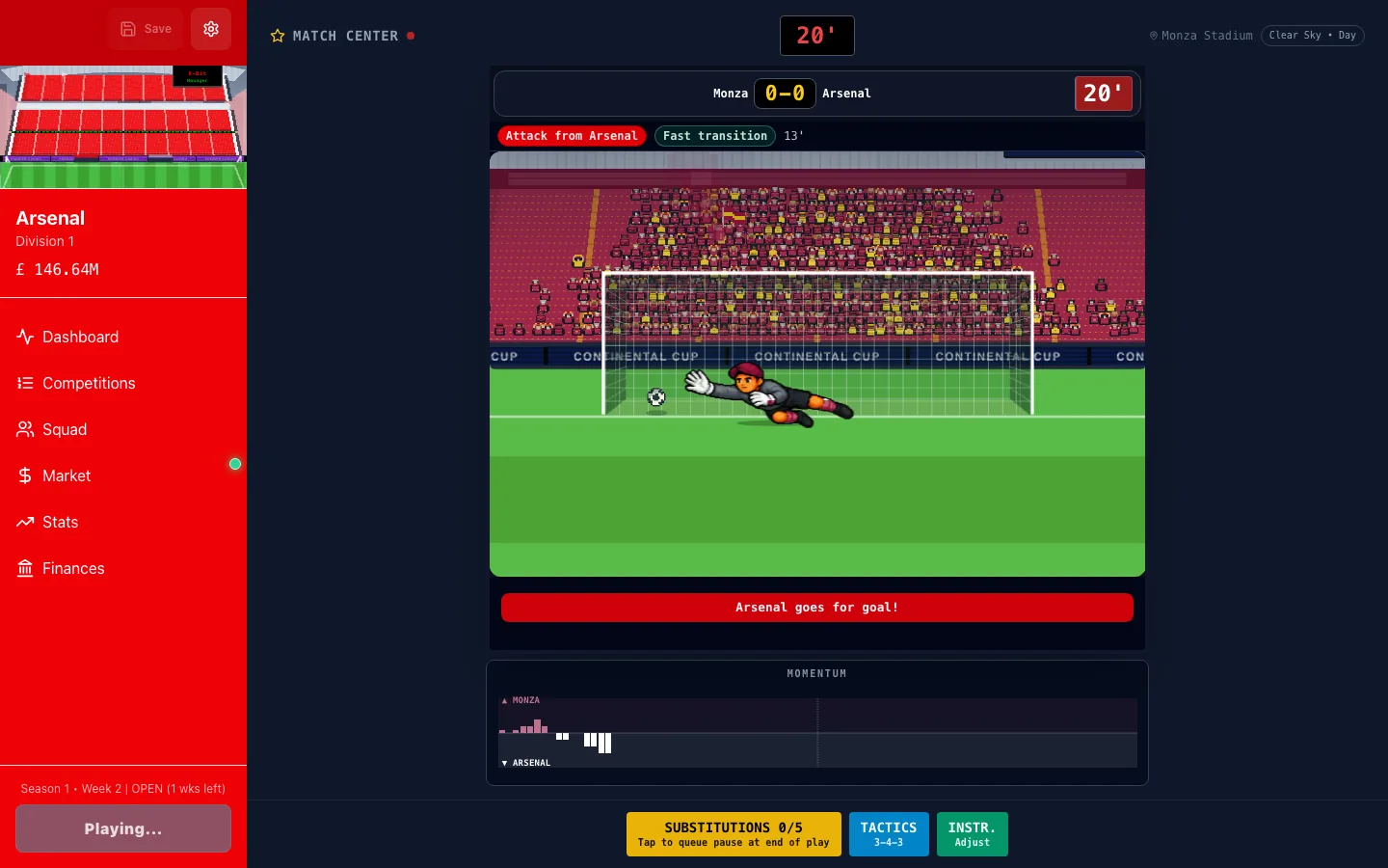 Match centre on PC: goal view with the keeper, scoreboard and live scores